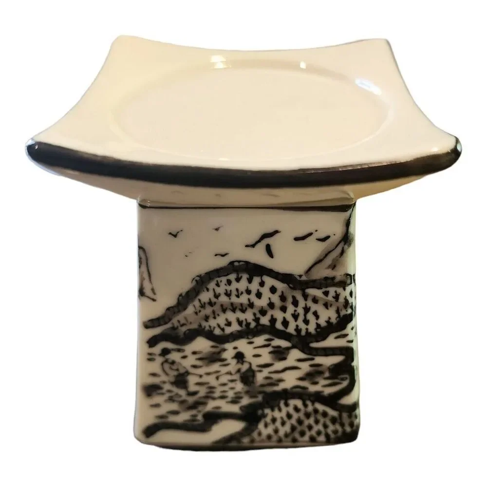 Vintage Asian Village Black Cream Square‎ Transfer Ware Candle Holder Set